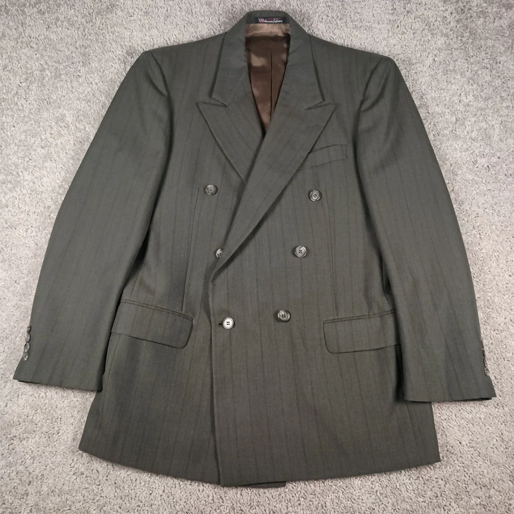Vintage Stafford 40R Mens Double Breasted Green Blazer w/Black Blue Pinstripe